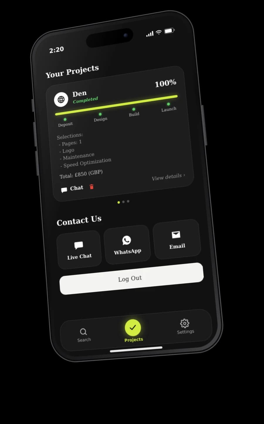 Die D Sphere App mit einem Projekt bei 100 % und seinen Meilensteinen
